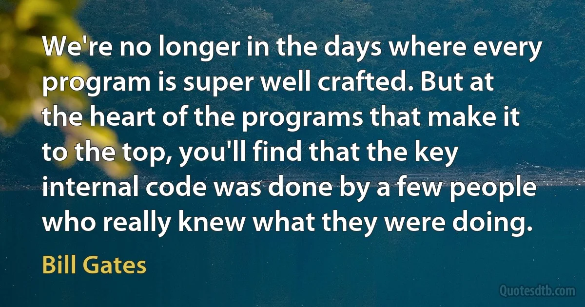 We're no longer in the days where every program is super well crafted. But at the heart of the programs that make it to the top, you'll find that the key internal code was done by a few people who really knew what they were doing. (Bill Gates)