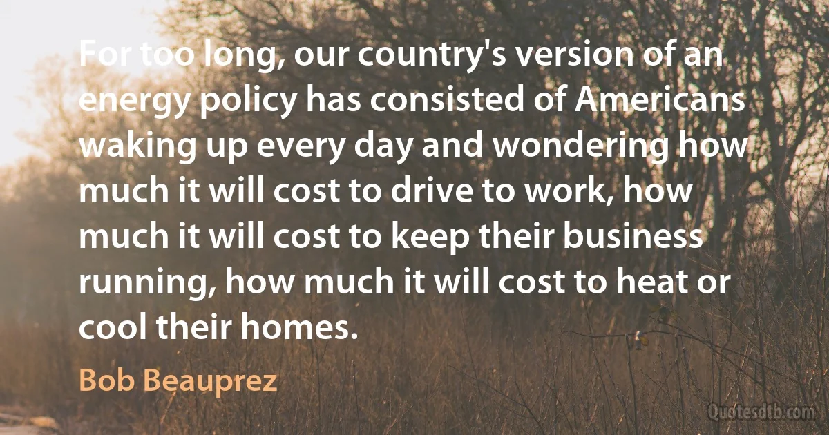 For too long, our country's version of an energy policy has consisted of Americans waking up every day and wondering how much it will cost to drive to work, how much it will cost to keep their business running, how much it will cost to heat or cool their homes. (Bob Beauprez)