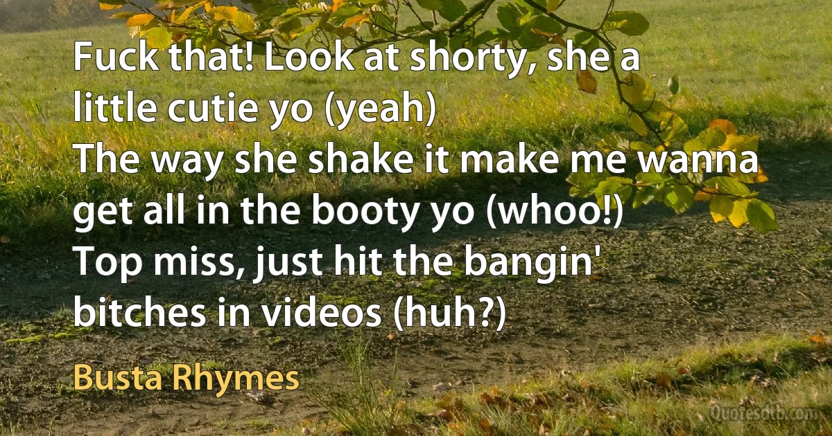 Fuck that! Look at shorty, she a little cutie yo (yeah)
The way she shake it make me wanna get all in the booty yo (whoo!)
Top miss, just hit the bangin' bitches in videos (huh?) (Busta Rhymes)