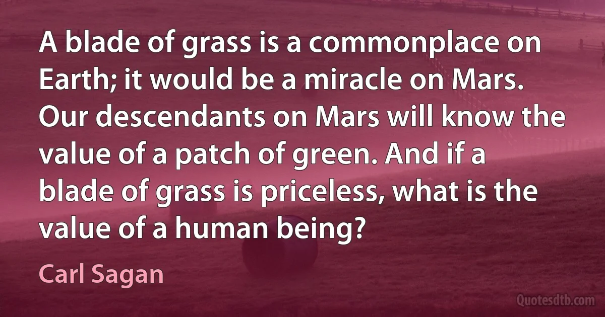 A blade of grass is a commonplace on Earth; it would be a miracle on Mars. Our descendants on Mars will know the value of a patch of green. And if a blade of grass is priceless, what is the value of a human being? (Carl Sagan)