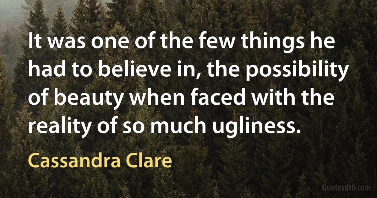 It was one of the few things he had to believe in, the possibility of beauty when faced with the reality of so much ugliness. (Cassandra Clare)