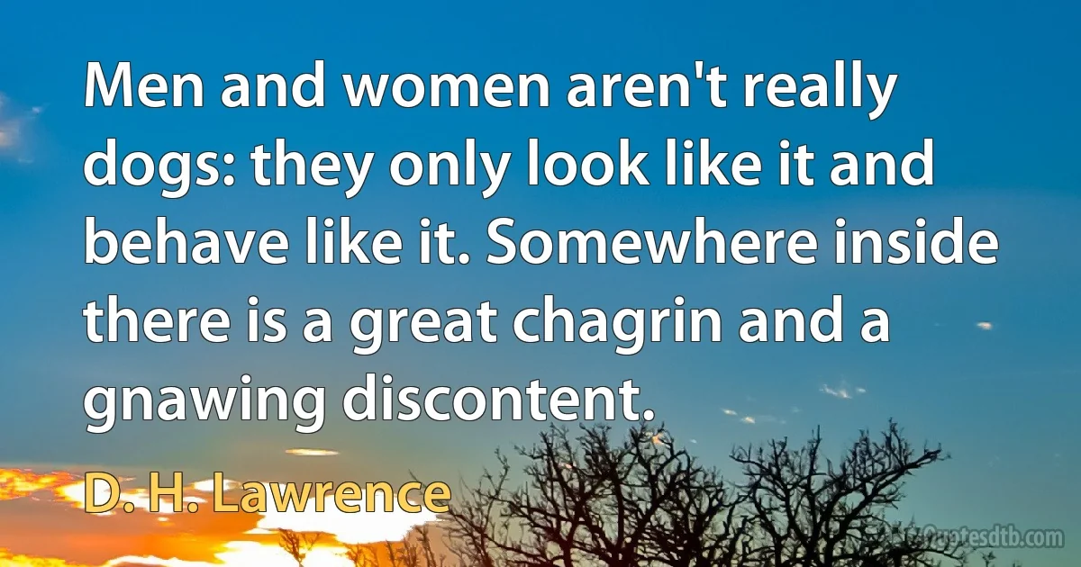 Men and women aren't really dogs: they only look like it and behave like it. Somewhere inside there is a great chagrin and a gnawing discontent. (D. H. Lawrence)