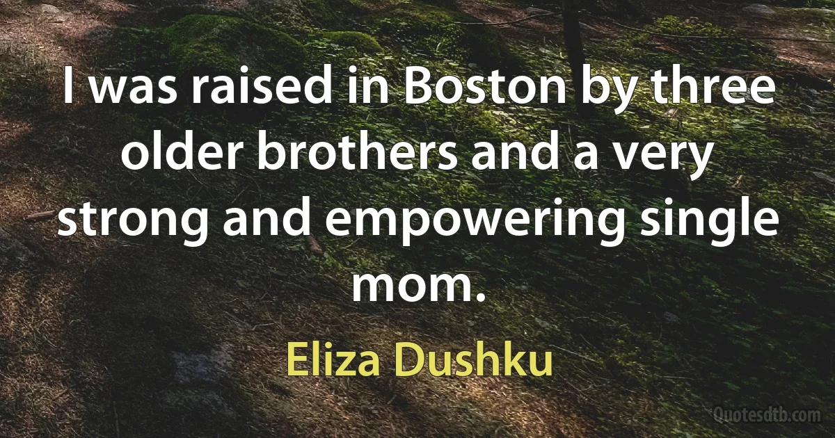 I was raised in Boston by three older brothers and a very strong and empowering single mom. (Eliza Dushku)