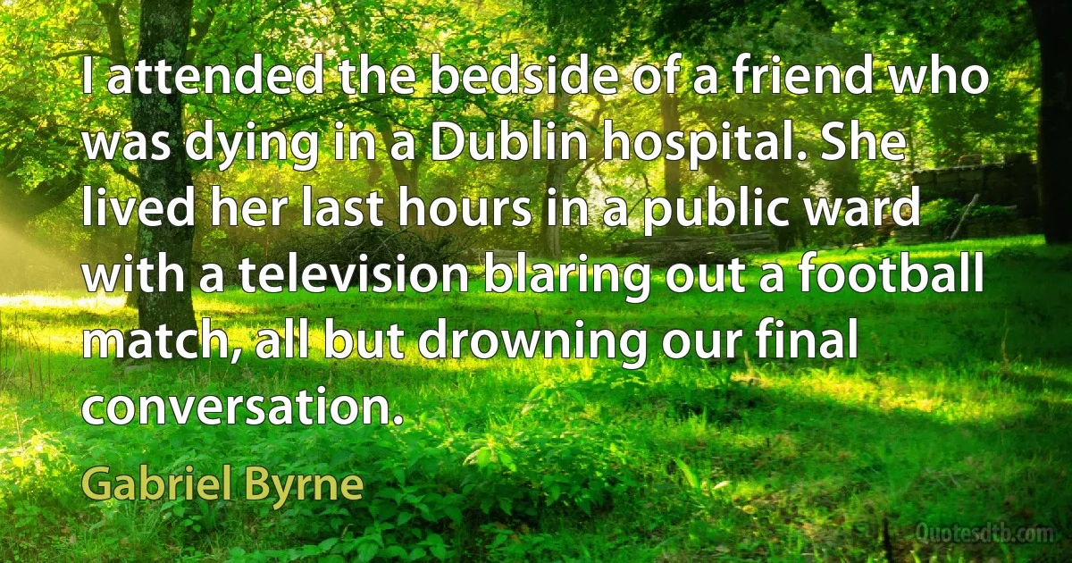 I attended the bedside of a friend who was dying in a Dublin hospital. She lived her last hours in a public ward with a television blaring out a football match, all but drowning our final conversation. (Gabriel Byrne)