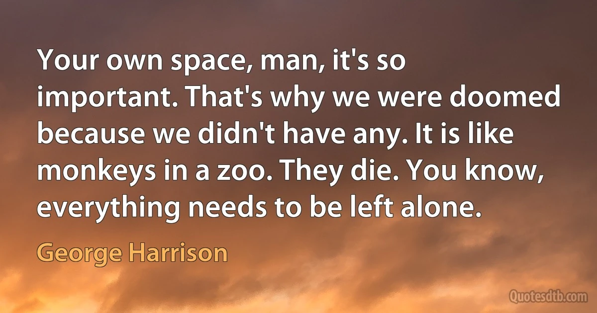 Your own space, man, it's so important. That's why we were doomed because we didn't have any. It is like monkeys in a zoo. They die. You know, everything needs to be left alone. (George Harrison)