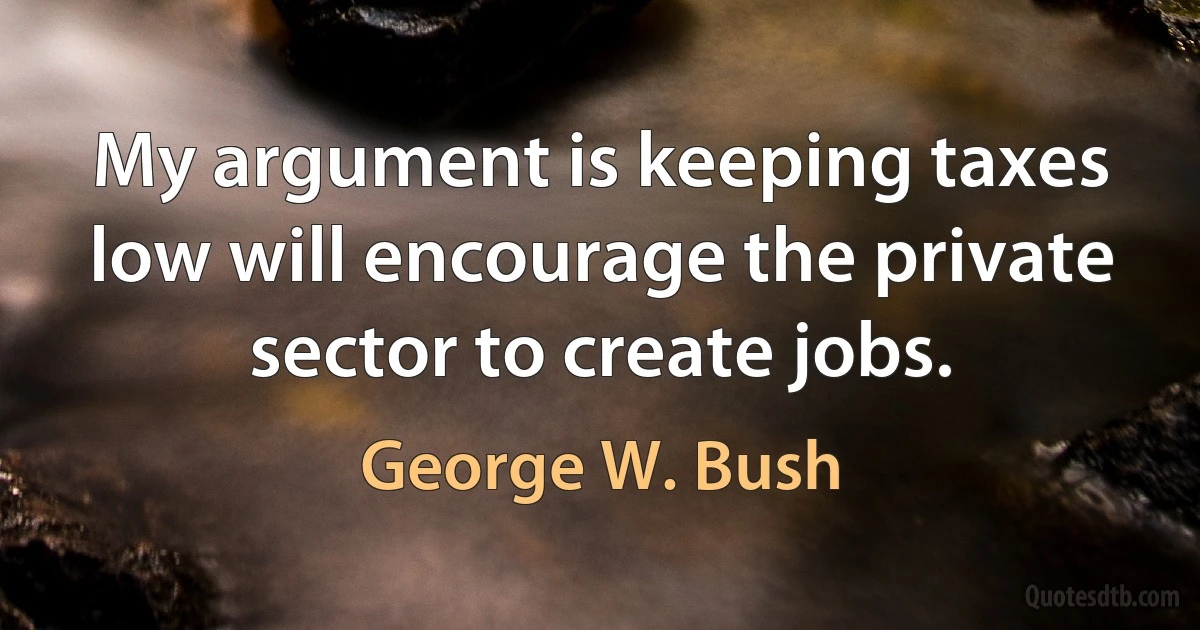 My argument is keeping taxes low will encourage the private sector to create jobs. (George W. Bush)