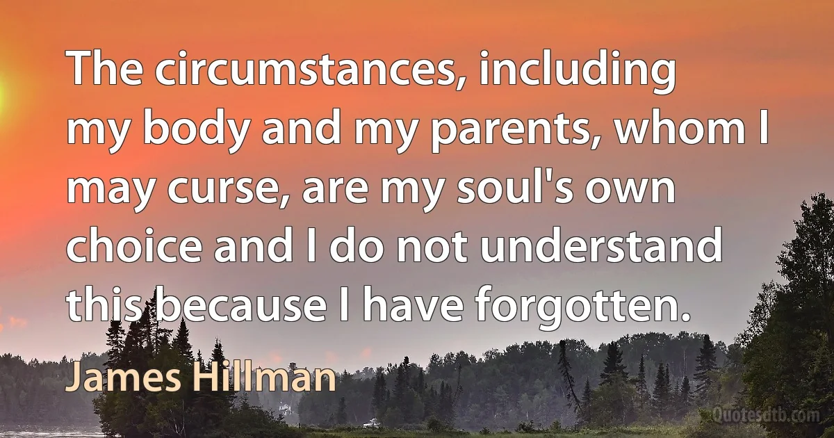 The circumstances, including my body and my parents, whom I may curse, are my soul's own choice and I do not understand this because I have forgotten. (James Hillman)