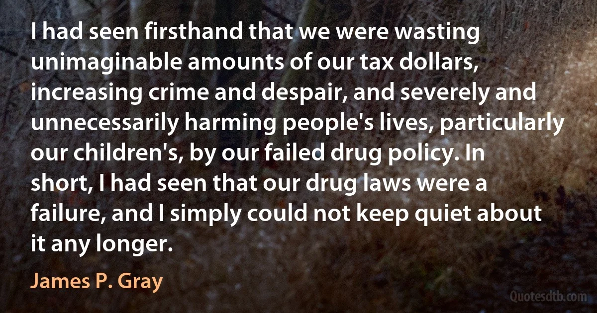 I had seen firsthand that we were wasting unimaginable amounts of our tax dollars, increasing crime and despair, and severely and unnecessarily harming people's lives, particularly our children's, by our failed drug policy. In short, I had seen that our drug laws were a failure, and I simply could not keep quiet about it any longer. (James P. Gray)