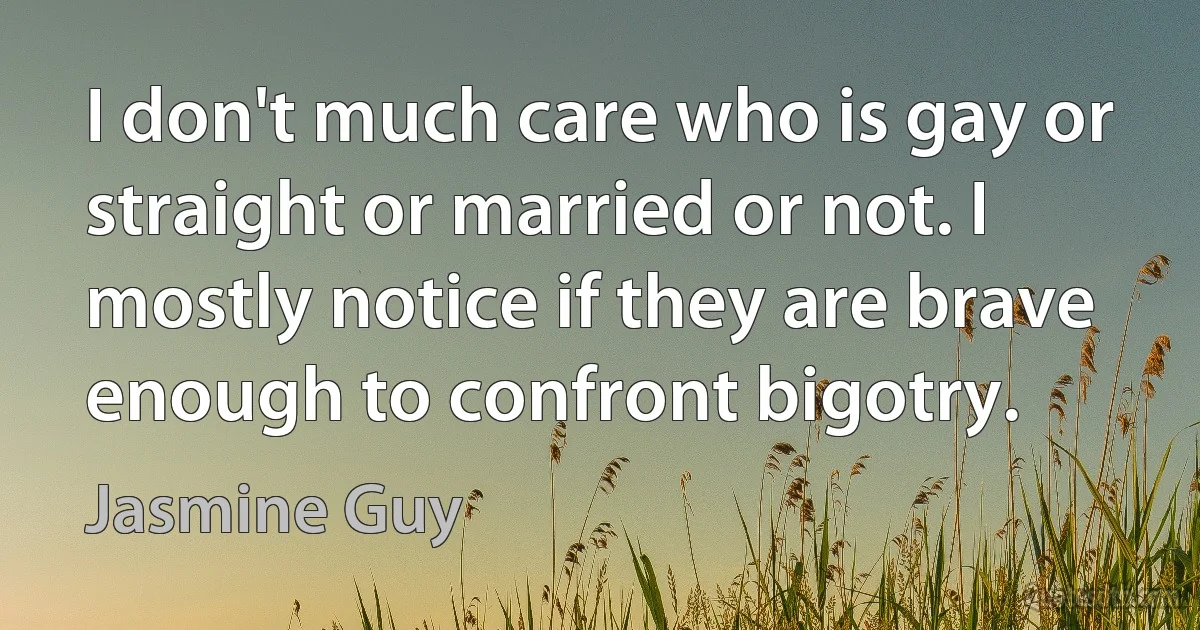 I don't much care who is gay or straight or married or not. I mostly notice if they are brave enough to confront bigotry. (Jasmine Guy)