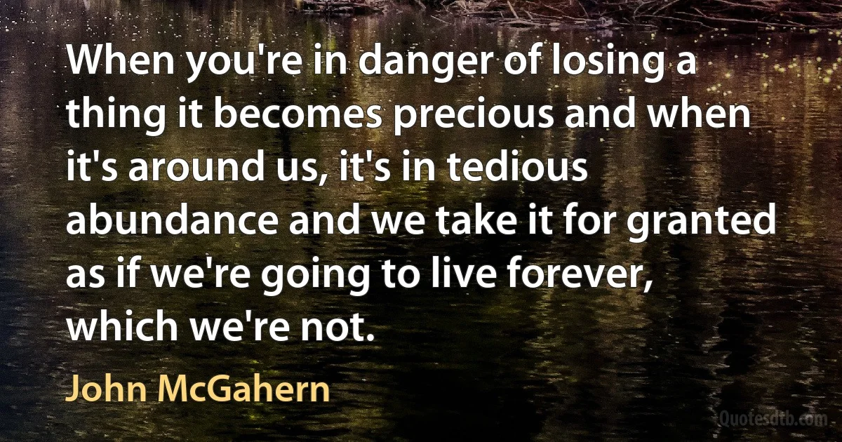 When you're in danger of losing a thing it becomes precious and when it's around us, it's in tedious abundance and we take it for granted as if we're going to live forever, which we're not. (John McGahern)