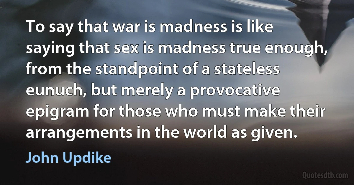 To say that war is madness is like saying that sex is madness true enough, from the standpoint of a stateless eunuch, but merely a provocative epigram for those who must make their arrangements in the world as given. (John Updike)