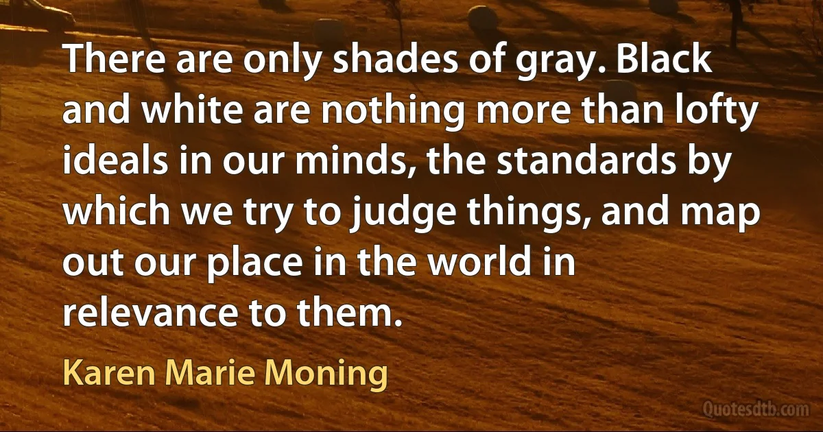 There are only shades of gray. Black and white are nothing more than lofty ideals in our minds, the standards by which we try to judge things, and map out our place in the world in relevance to them. (Karen Marie Moning)