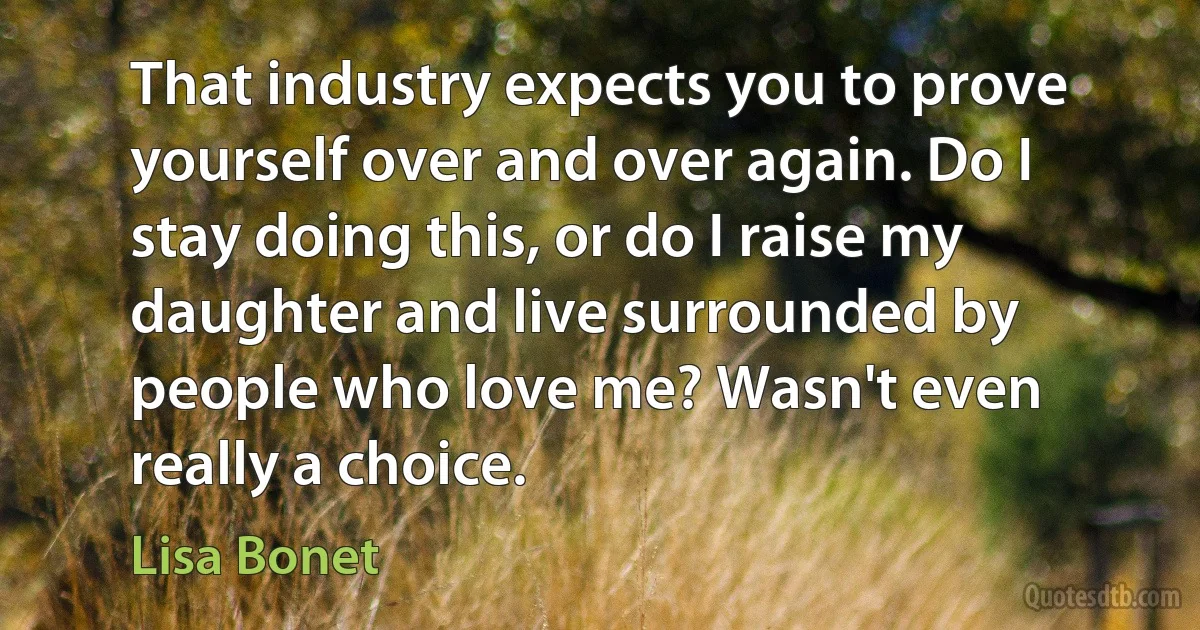 That industry expects you to prove yourself over and over again. Do I stay doing this, or do I raise my daughter and live surrounded by people who love me? Wasn't even really a choice. (Lisa Bonet)