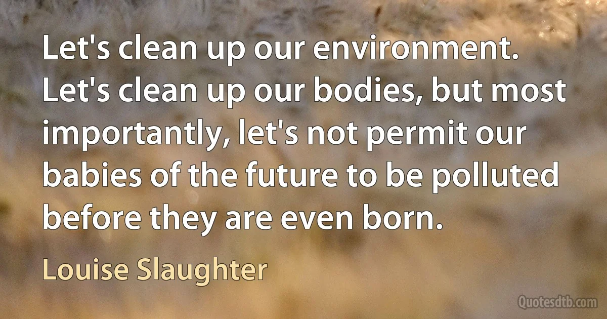 Let's clean up our environment. Let's clean up our bodies, but most importantly, let's not permit our babies of the future to be polluted before they are even born. (Louise Slaughter)