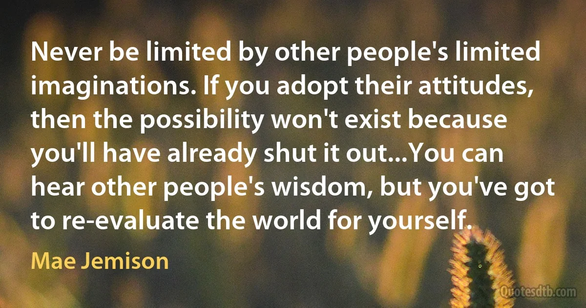 Never be limited by other people's limited imaginations. If you adopt their attitudes, then the possibility won't exist because you'll have already shut it out...You can hear other people's wisdom, but you've got to re-evaluate the world for yourself. (Mae Jemison)