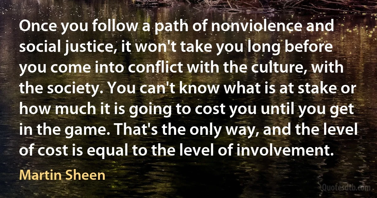 Once you follow a path of nonviolence and social justice, it won't take you long before you come into conflict with the culture, with the society. You can't know what is at stake or how much it is going to cost you until you get in the game. That's the only way, and the level of cost is equal to the level of involvement. (Martin Sheen)