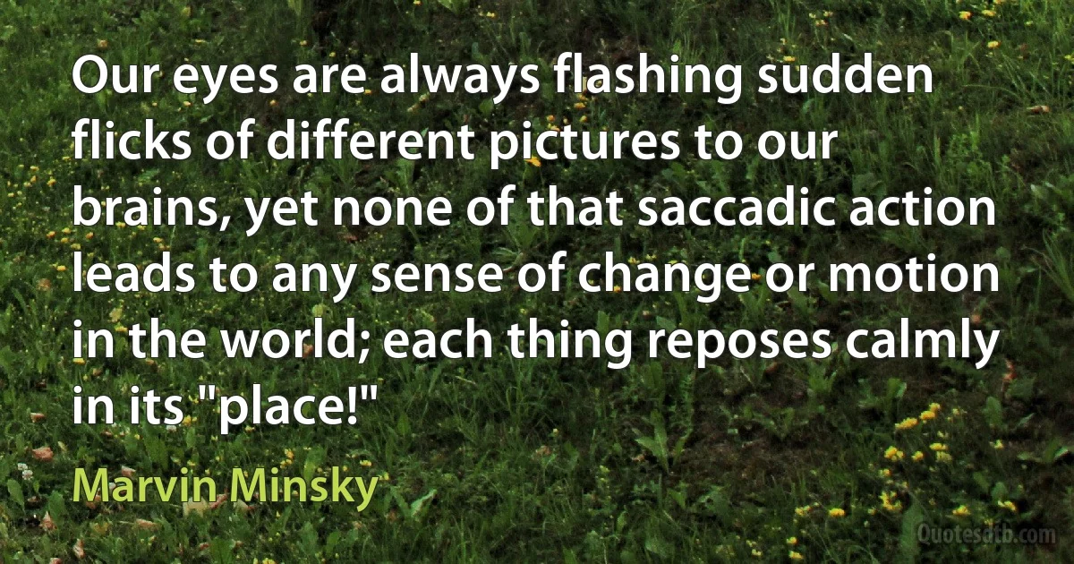 Our eyes are always flashing sudden flicks of different pictures to our brains, yet none of that saccadic action leads to any sense of change or motion in the world; each thing reposes calmly in its "place!" (Marvin Minsky)