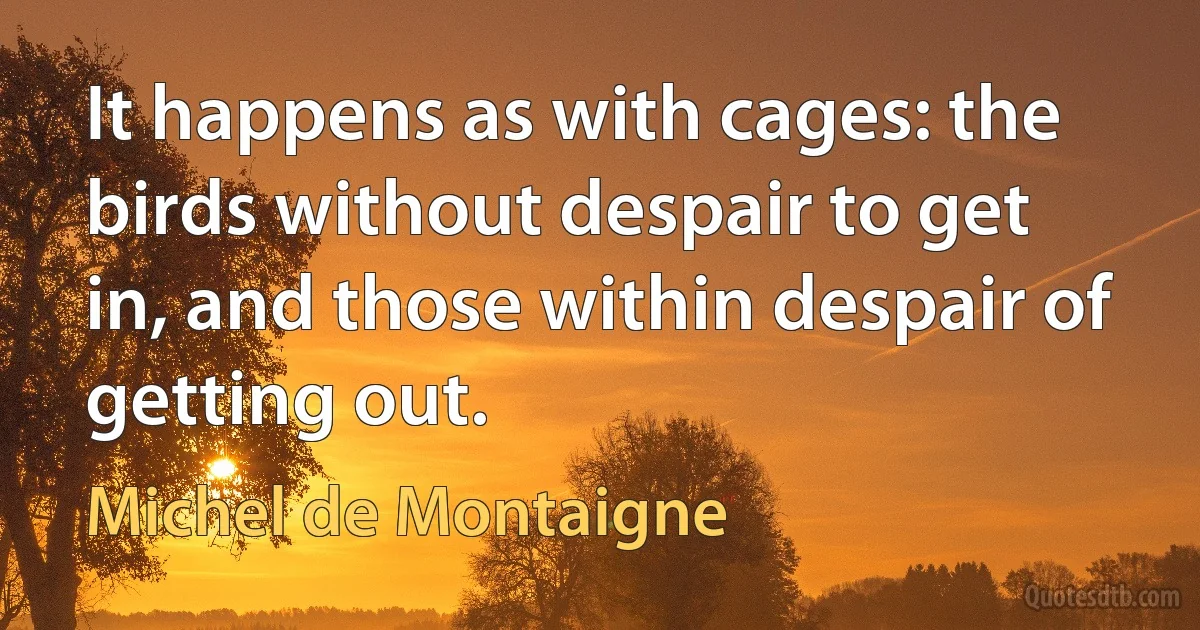 It happens as with cages: the birds without despair to get in, and those within despair of getting out. (Michel de Montaigne)