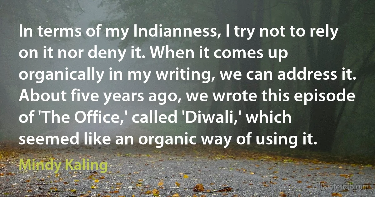 In terms of my Indianness, I try not to rely on it nor deny it. When it comes up organically in my writing, we can address it. About five years ago, we wrote this episode of 'The Office,' called 'Diwali,' which seemed like an organic way of using it. (Mindy Kaling)