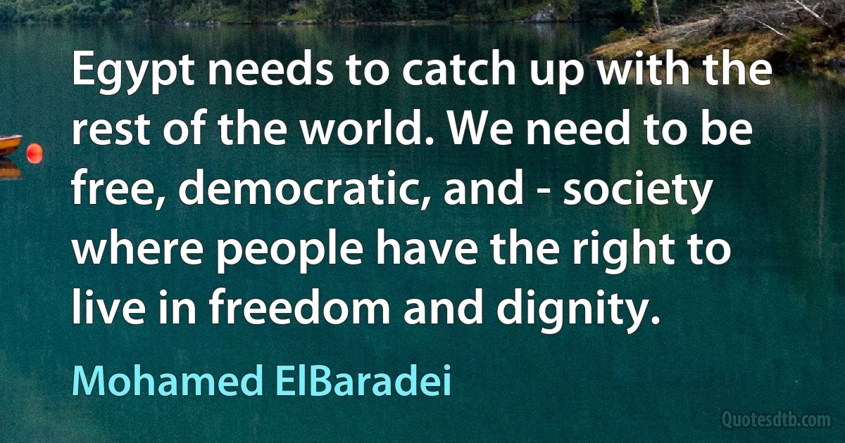 Egypt needs to catch up with the rest of the world. We need to be free, democratic, and - society where people have the right to live in freedom and dignity. (Mohamed ElBaradei)