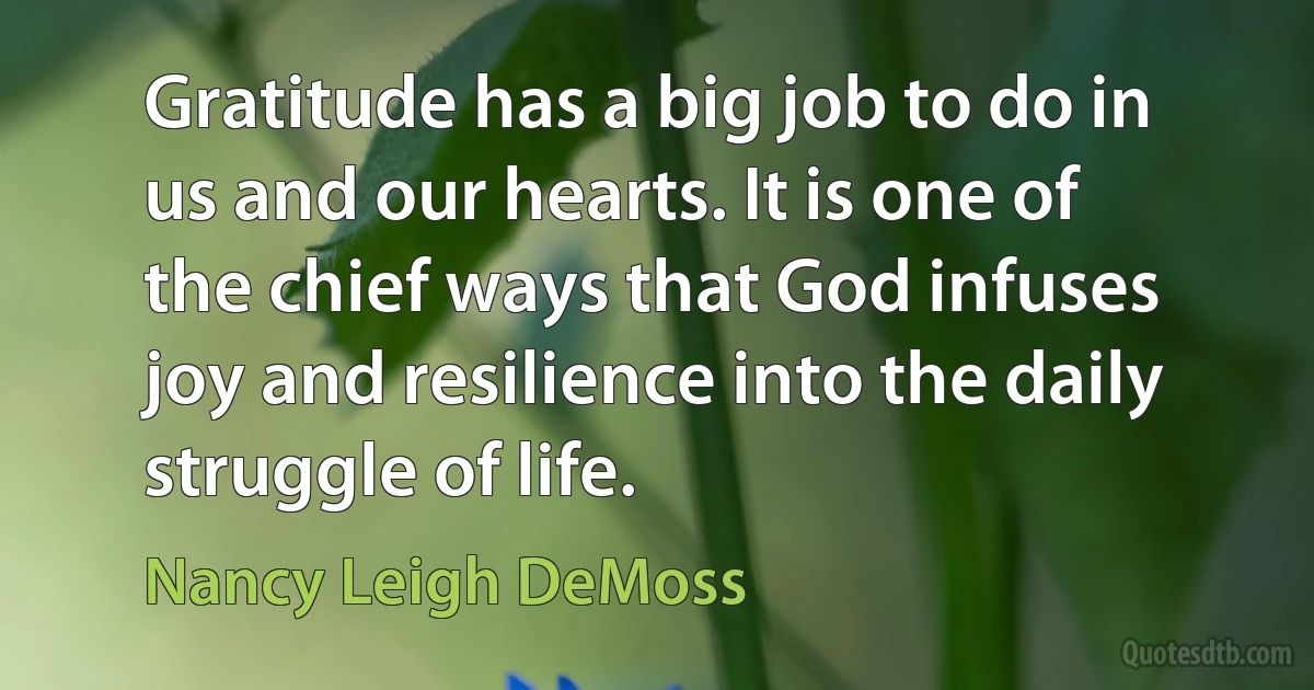 Gratitude has a big job to do in us and our hearts. It is one of the chief ways that God infuses joy and resilience into the daily struggle of life. (Nancy Leigh DeMoss)