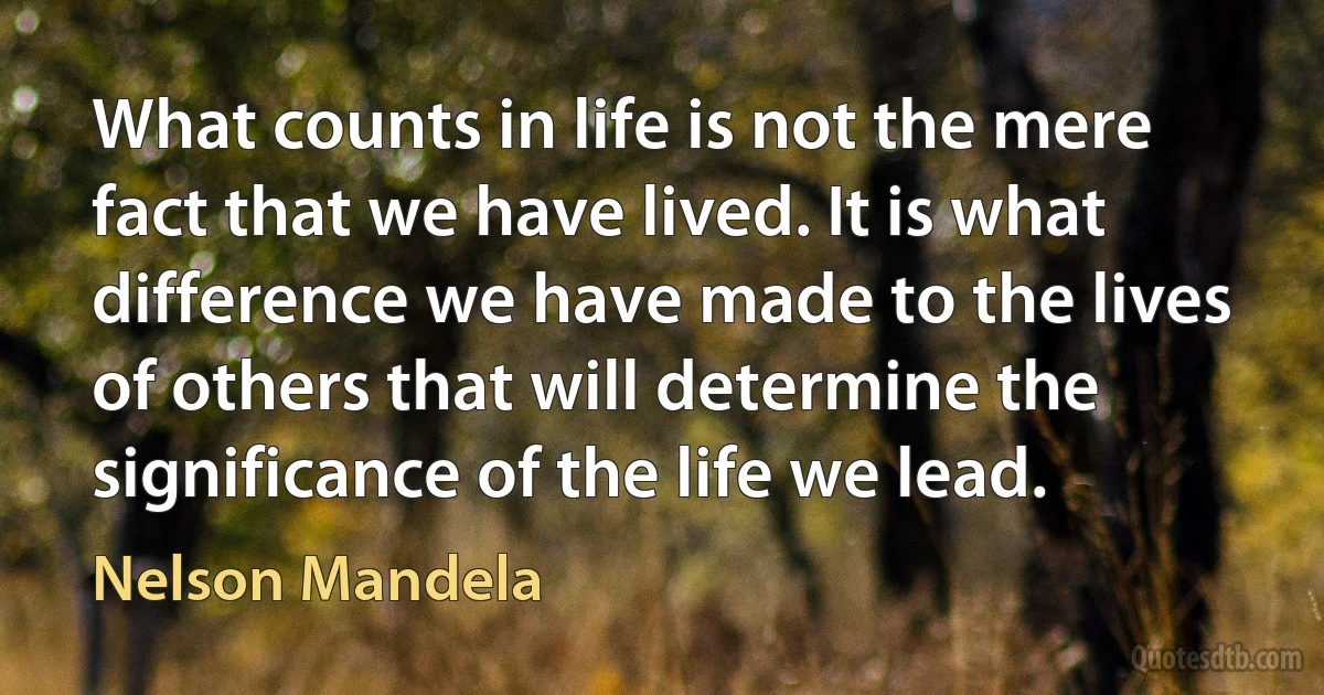 What counts in life is not the mere fact that we have lived. It is what difference we have made to the lives of others that will determine the significance of the life we lead. (Nelson Mandela)