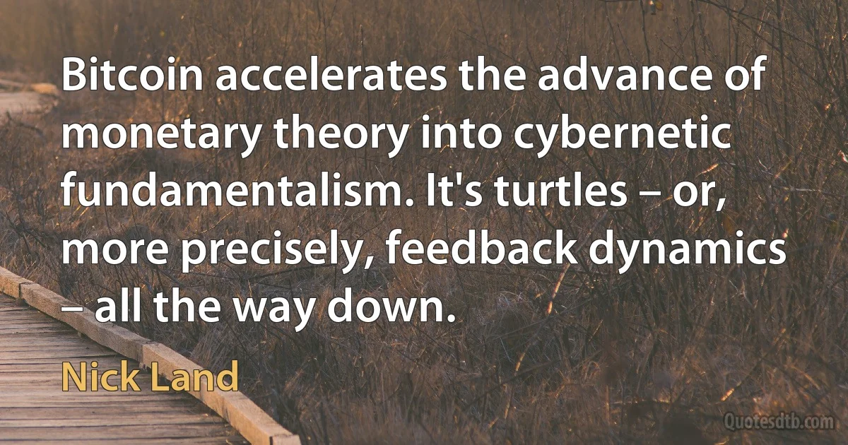 Bitcoin accelerates the advance of monetary theory into cybernetic fundamentalism. It's turtles – or, more precisely, feedback dynamics – all the way down. (Nick Land)