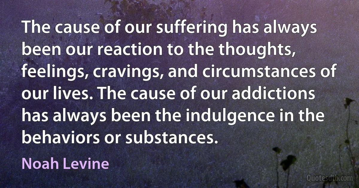 The cause of our suffering has always been our reaction to the thoughts, feelings, cravings, and circumstances of our lives. The cause of our addictions has always been the indulgence in the behaviors or substances. (Noah Levine)