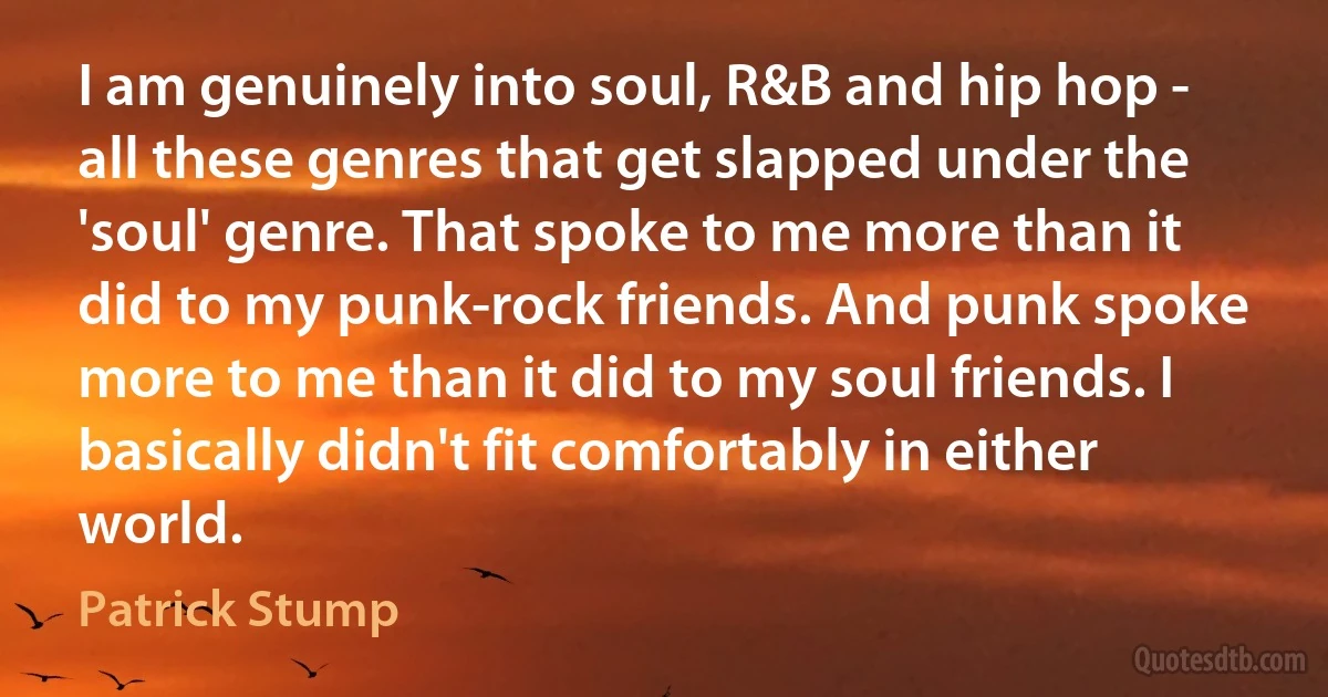 I am genuinely into soul, R&B and hip hop - all these genres that get slapped under the 'soul' genre. That spoke to me more than it did to my punk-rock friends. And punk spoke more to me than it did to my soul friends. I basically didn't fit comfortably in either world. (Patrick Stump)