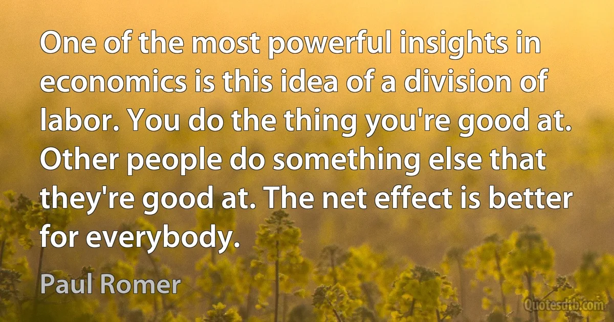 One of the most powerful insights in economics is this idea of a division of labor. You do the thing you're good at. Other people do something else that they're good at. The net effect is better for everybody. (Paul Romer)