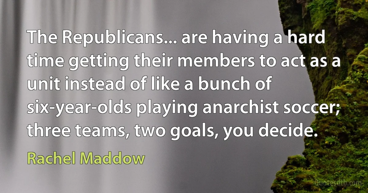 The Republicans... are having a hard time getting their members to act as a unit instead of like a bunch of six-year-olds playing anarchist soccer; three teams, two goals, you decide. (Rachel Maddow)