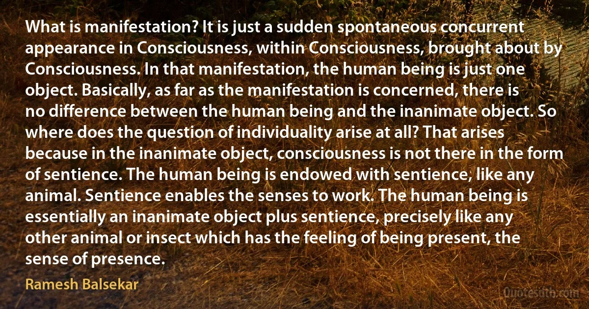 What is manifestation? It is just a sudden spontaneous concurrent appearance in Consciousness, within Consciousness, brought about by Consciousness. In that manifestation, the human being is just one object. Basically, as far as the manifestation is concerned, there is no difference between the human being and the inanimate object. So where does the question of individuality arise at all? That arises because in the inanimate object, consciousness is not there in the form of sentience. The human being is endowed with sentience, like any animal. Sentience enables the senses to work. The human being is essentially an inanimate object plus sentience, precisely like any other animal or insect which has the feeling of being present, the sense of presence. (Ramesh Balsekar)