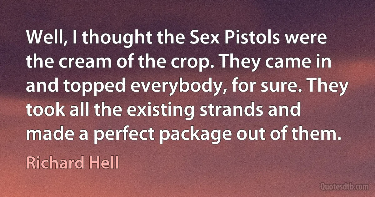 Well, I thought the Sex Pistols were the cream of the crop. They came in and topped everybody, for sure. They took all the existing strands and made a perfect package out of them. (Richard Hell)