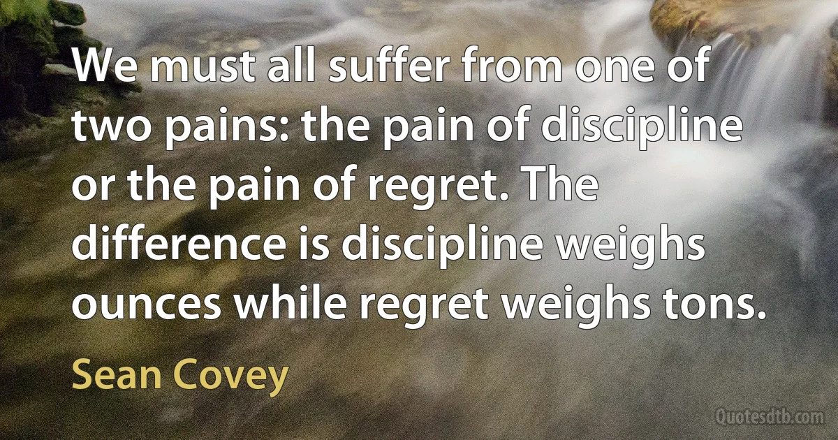 We must all suffer from one of two pains: the pain of discipline or the pain of regret. The difference is discipline weighs ounces while regret weighs tons. (Sean Covey)