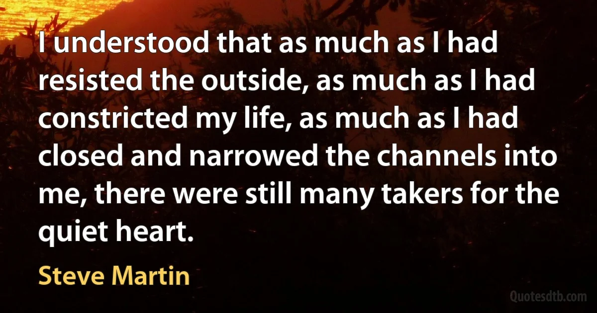 I understood that as much as I had resisted the outside, as much as I had constricted my life, as much as I had closed and narrowed the channels into me, there were still many takers for the quiet heart. (Steve Martin)