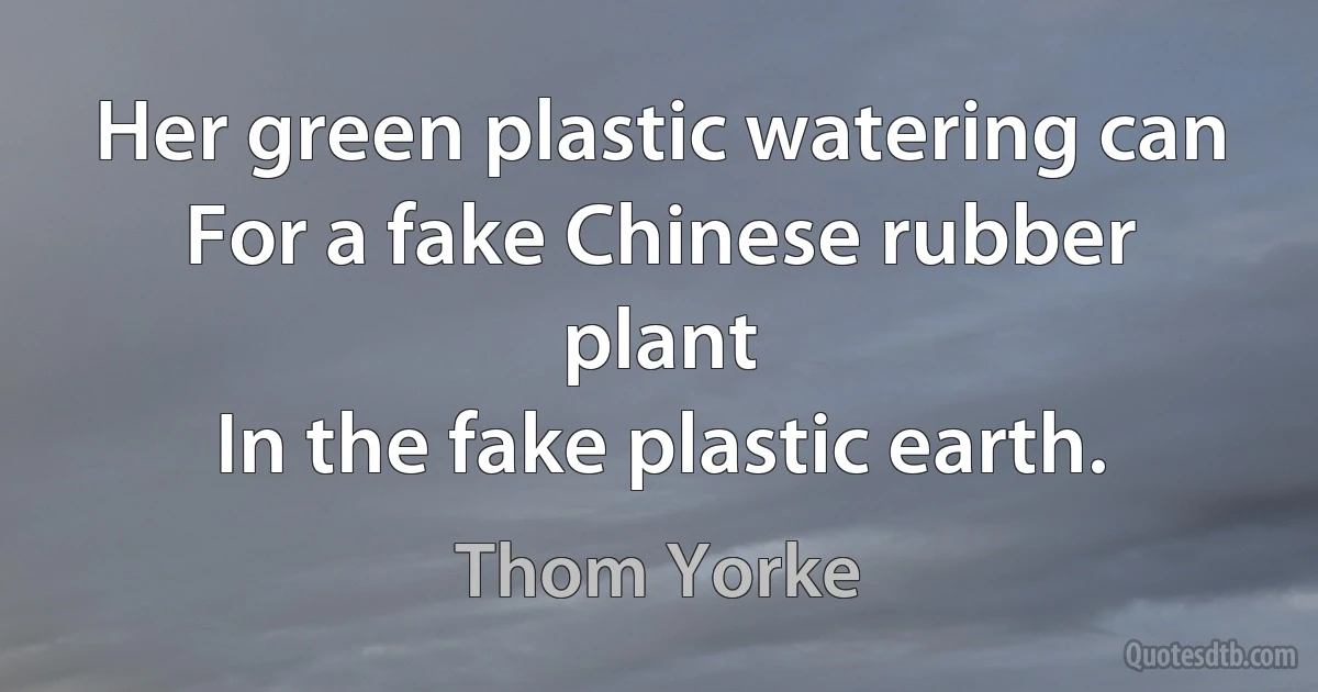 Her green plastic watering can
For a fake Chinese rubber plant
In the fake plastic earth. (Thom Yorke)