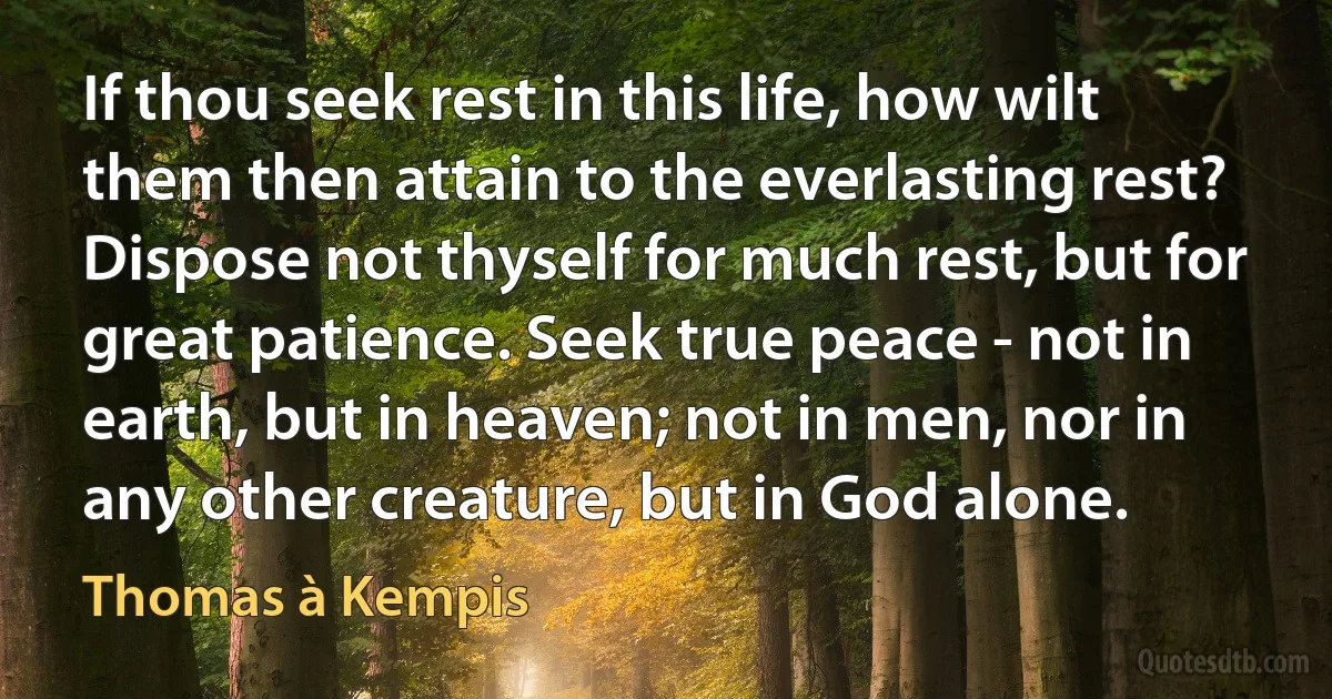 If thou seek rest in this life, how wilt them then attain to the everlasting rest? Dispose not thyself for much rest, but for great patience. Seek true peace - not in earth, but in heaven; not in men, nor in any other creature, but in God alone. (Thomas à Kempis)