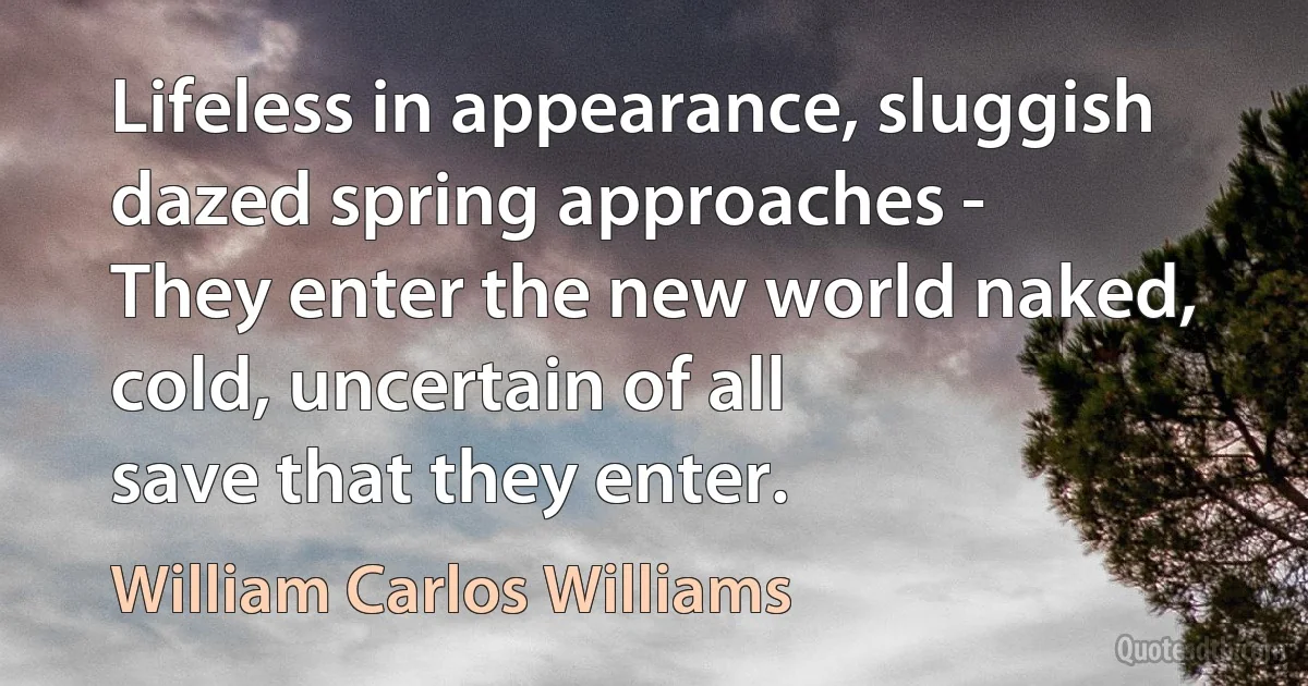 Lifeless in appearance, sluggish
dazed spring approaches -
They enter the new world naked,
cold, uncertain of all
save that they enter. (William Carlos Williams)