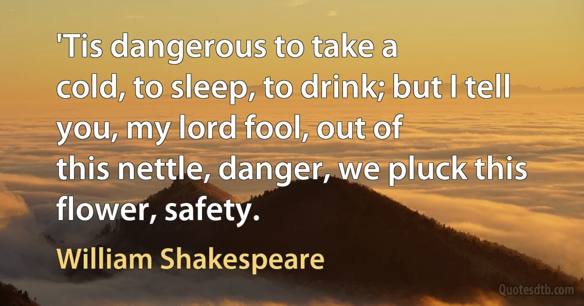 'Tis dangerous to take a
cold, to sleep, to drink; but I tell you, my lord fool, out of
this nettle, danger, we pluck this flower, safety. (William Shakespeare)