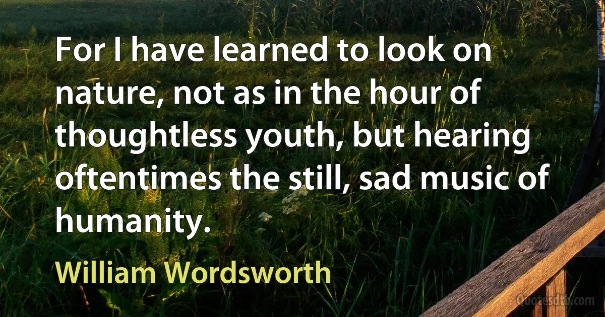 For I have learned to look on nature, not as in the hour of thoughtless youth, but hearing oftentimes the still, sad music of humanity. (William Wordsworth)