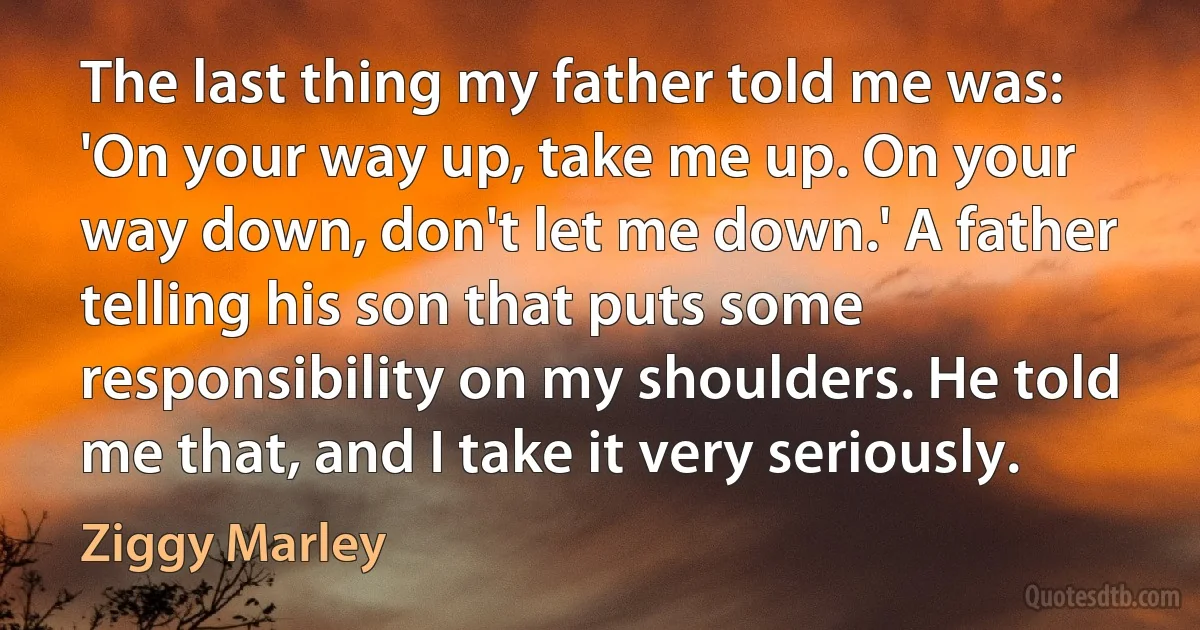 The last thing my father told me was: 'On your way up, take me up. On your way down, don't let me down.' A father telling his son that puts some responsibility on my shoulders. He told me that, and I take it very seriously. (Ziggy Marley)