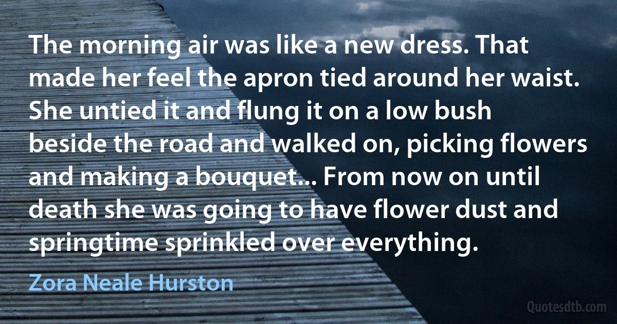 The morning air was like a new dress. That made her feel the apron tied around her waist. She untied it and flung it on a low bush beside the road and walked on, picking flowers and making a bouquet... From now on until death she was going to have flower dust and springtime sprinkled over everything. (Zora Neale Hurston)