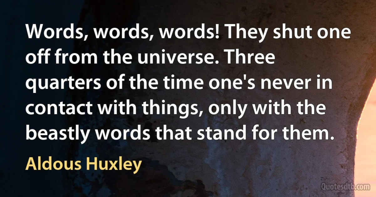 Words, words, words! They shut one off from the universe. Three quarters of the time one's never in contact with things, only with the beastly words that stand for them. (Aldous Huxley)