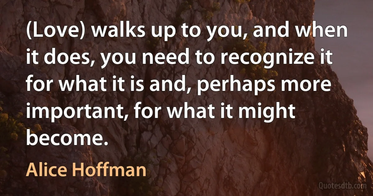 (Love) walks up to you, and when it does, you need to recognize it for what it is and, perhaps more important, for what it might become. (Alice Hoffman)