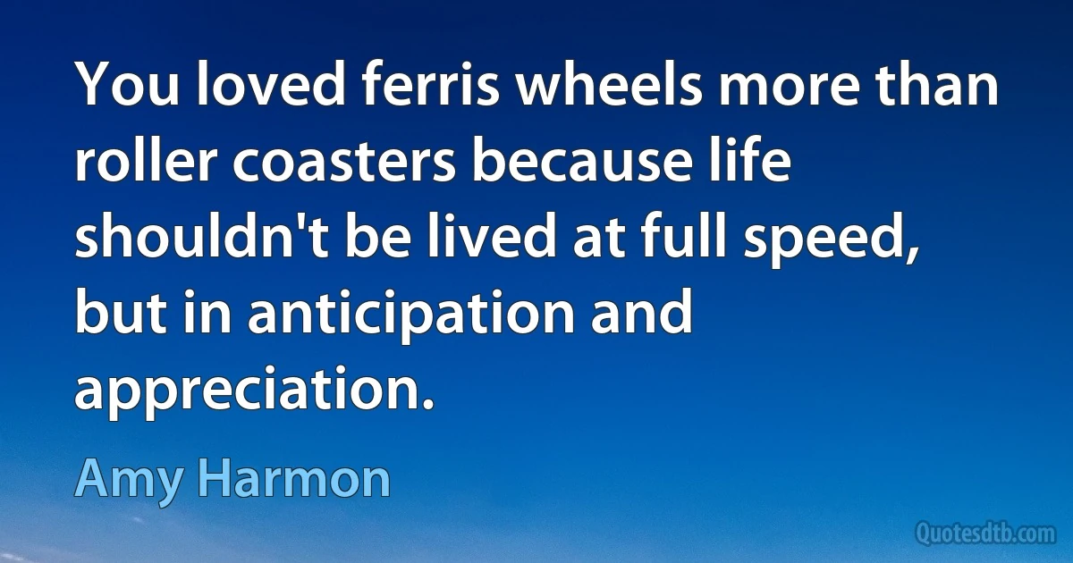 You loved ferris wheels more than roller coasters because life shouldn't be lived at full speed, but in anticipation and appreciation. (Amy Harmon)