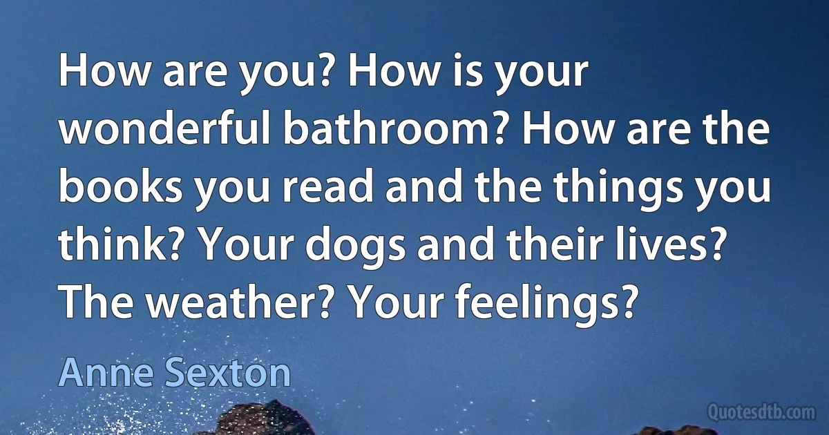 How are you? How is your wonderful bathroom? How are the books you read and the things you think? Your dogs and their lives? The weather? Your feelings? (Anne Sexton)