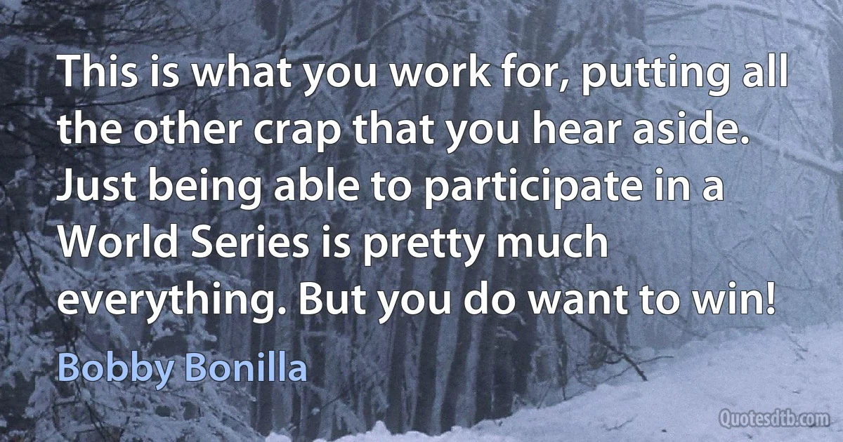 This is what you work for, putting all the other crap that you hear aside. Just being able to participate in a World Series is pretty much everything. But you do want to win! (Bobby Bonilla)