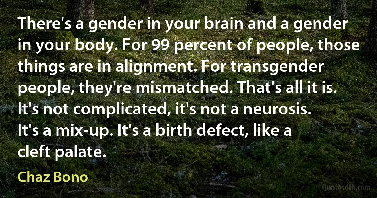 There's a gender in your brain and a gender in your body. For 99 percent of people, those things are in alignment. For transgender people, they're mismatched. That's all it is. It's not complicated, it's not a neurosis. It's a mix-up. It's a birth defect, like a cleft palate. (Chaz Bono)