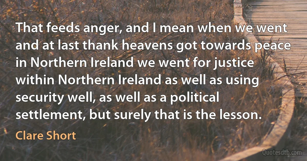 That feeds anger, and I mean when we went and at last thank heavens got towards peace in Northern Ireland we went for justice within Northern Ireland as well as using security well, as well as a political settlement, but surely that is the lesson. (Clare Short)