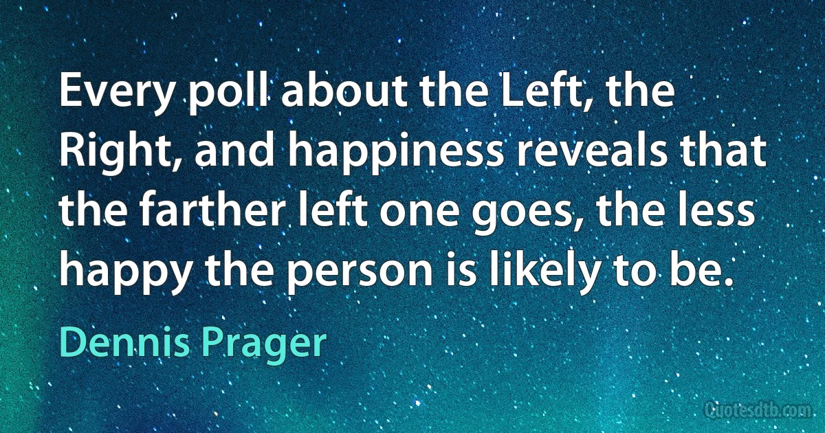 Every poll about the Left, the Right, and happiness reveals that the farther left one goes, the less happy the person is likely to be. (Dennis Prager)